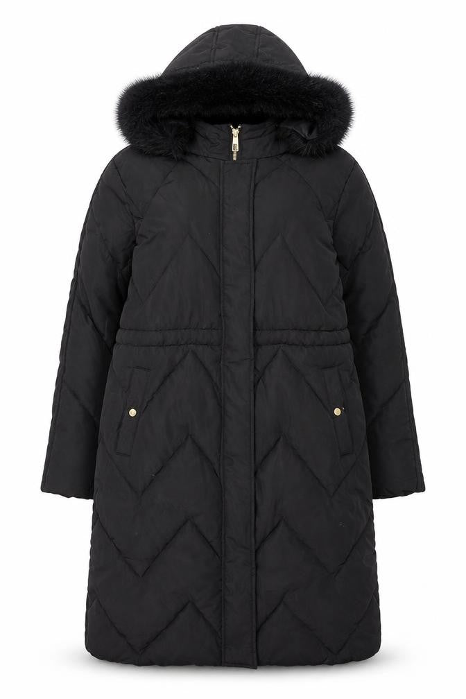 Lipsy Women Black Long Puffer Coat Hooded Faux Fur Trim Size 12