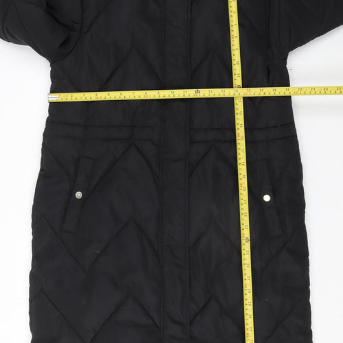 Lipsy Women Black Long Puffer Coat Hooded Faux Fur Trim Size 12