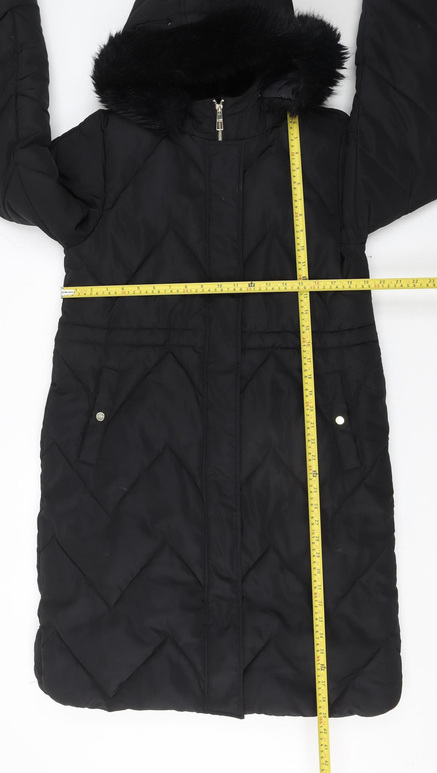 Lipsy Women Black Long Puffer Coat Hooded Faux Fur Trim Size 12