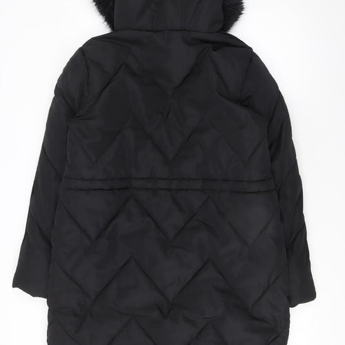 Lipsy Women Black Long Puffer Coat Hooded Faux Fur Trim Size 12