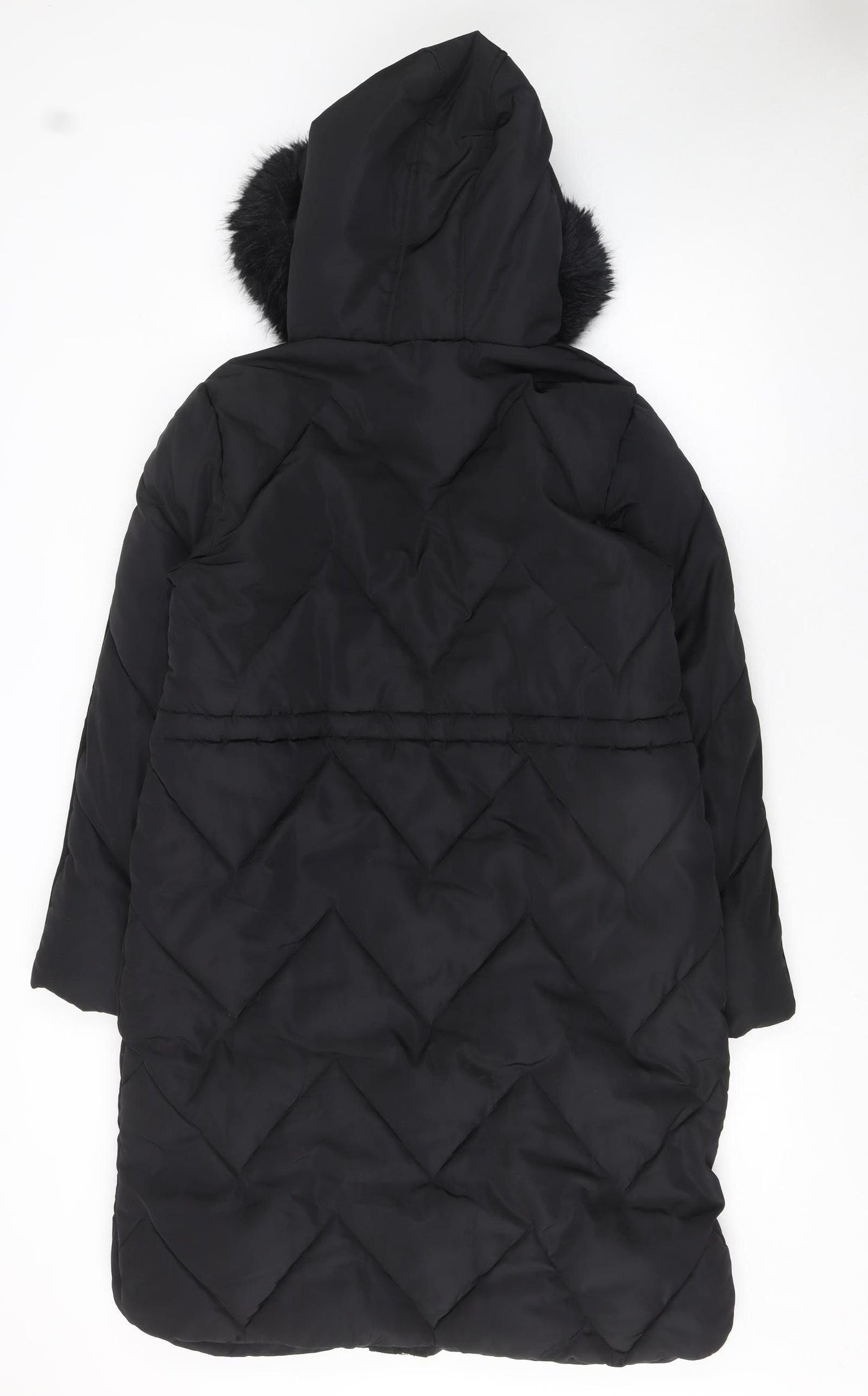 Lipsy Women Black Long Puffer Coat Hooded Faux Fur Trim Size 12