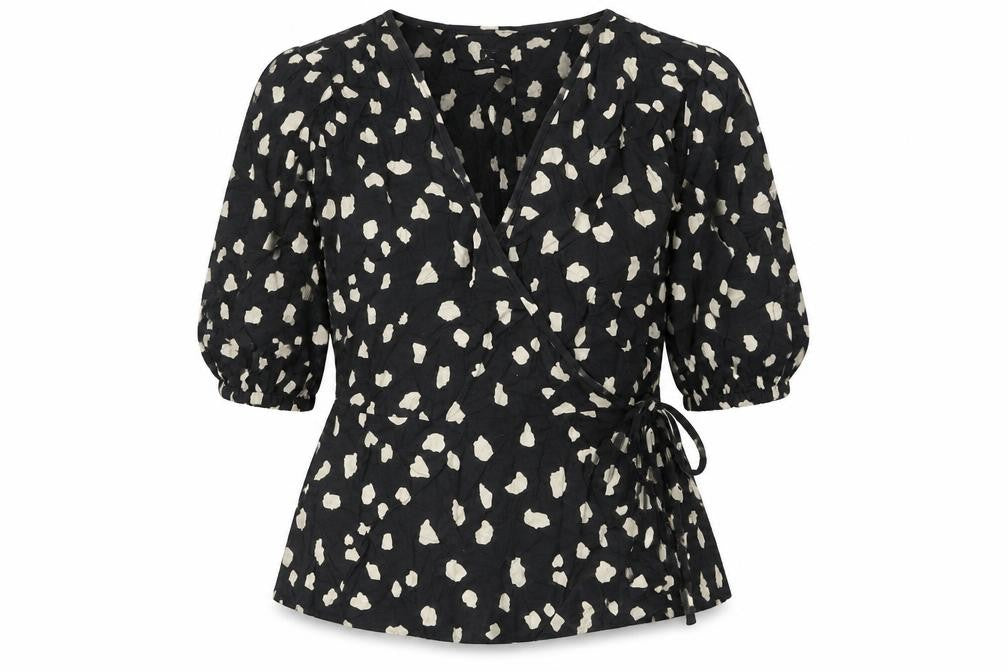 Front view of Marks & Spencer women’s black animal print wrap blouse, size UK 12