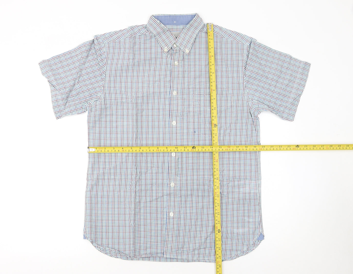 Marks and Spencer Men's Multicoloured Check Short Sleeve Cotton Shirt S
