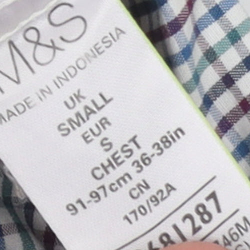 Marks and Spencer Men's Multicoloured Check Short Sleeve Cotton Shirt S
