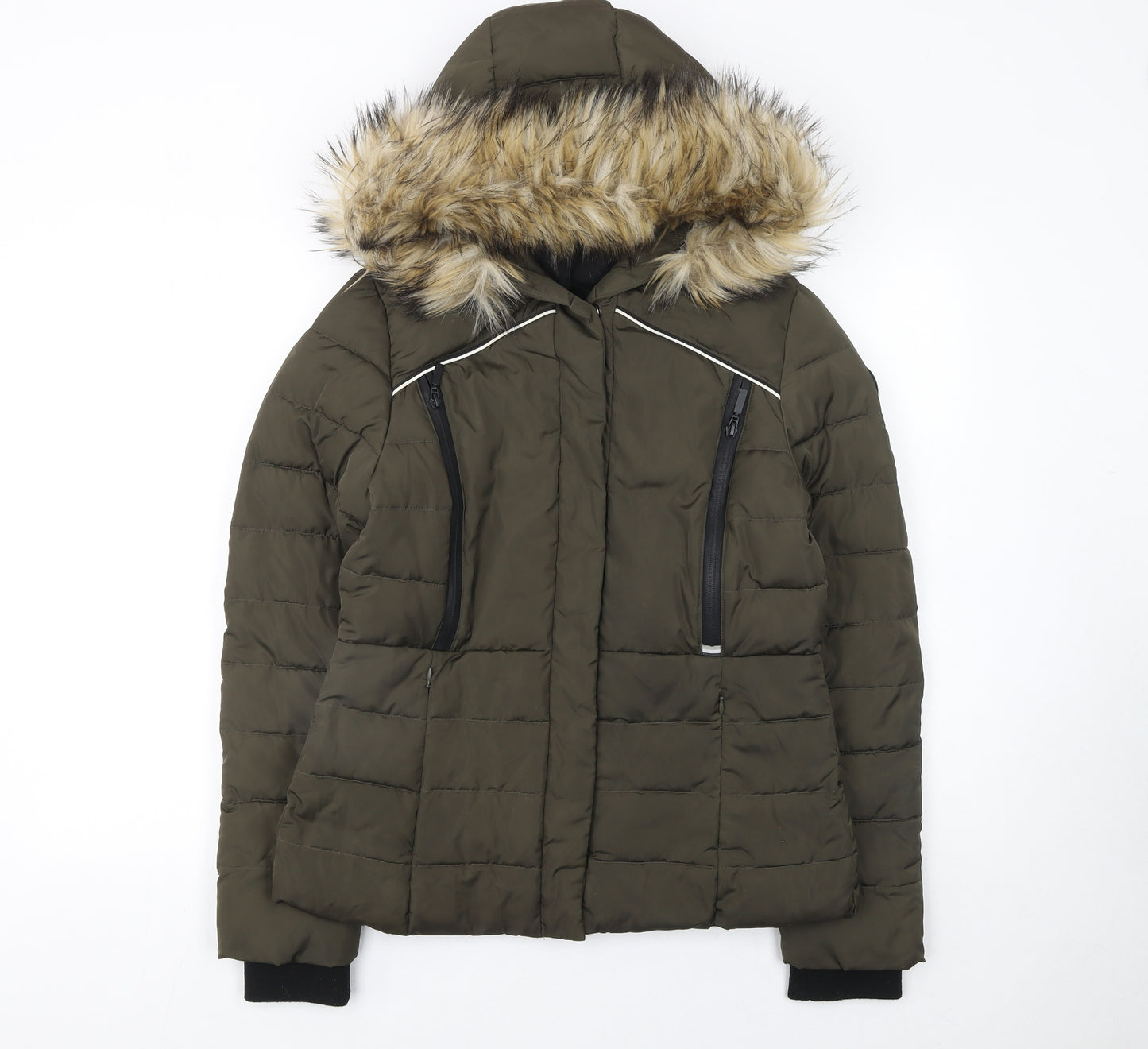 Superdry Women's Green Fur Trim Hooded Puffer Jacket Size S