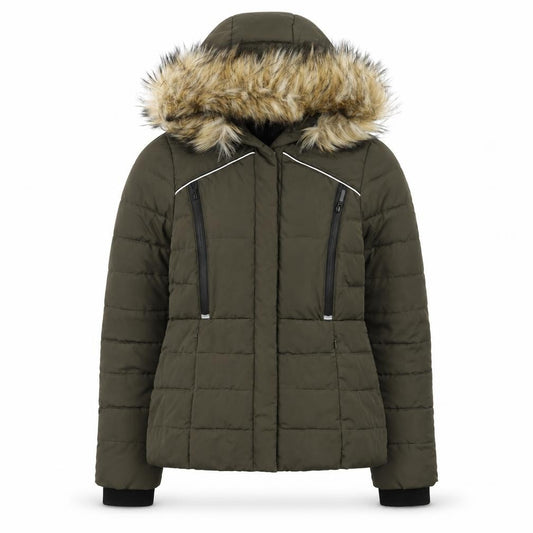 Front view of Superdry Women's Green Fur Trim Hooded Puffer Jacket, size S