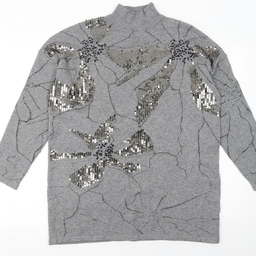Studio Women's Grey Sequin Floral Mock Neck Long Sleeve Jumper One Size