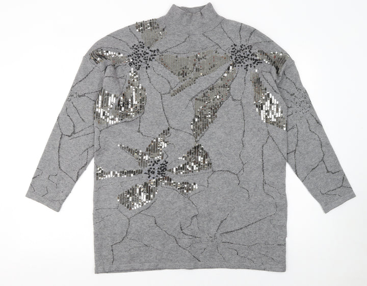 Studio Women's Grey Sequin Floral Mock Neck Long Sleeve Jumper One Size