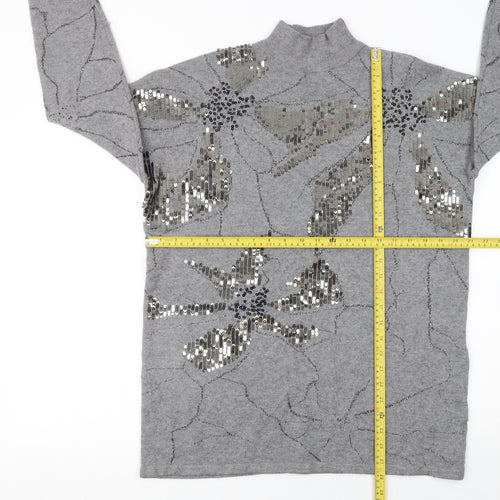 Studio Women's Grey Sequin Floral Mock Neck Long Sleeve Jumper One Size