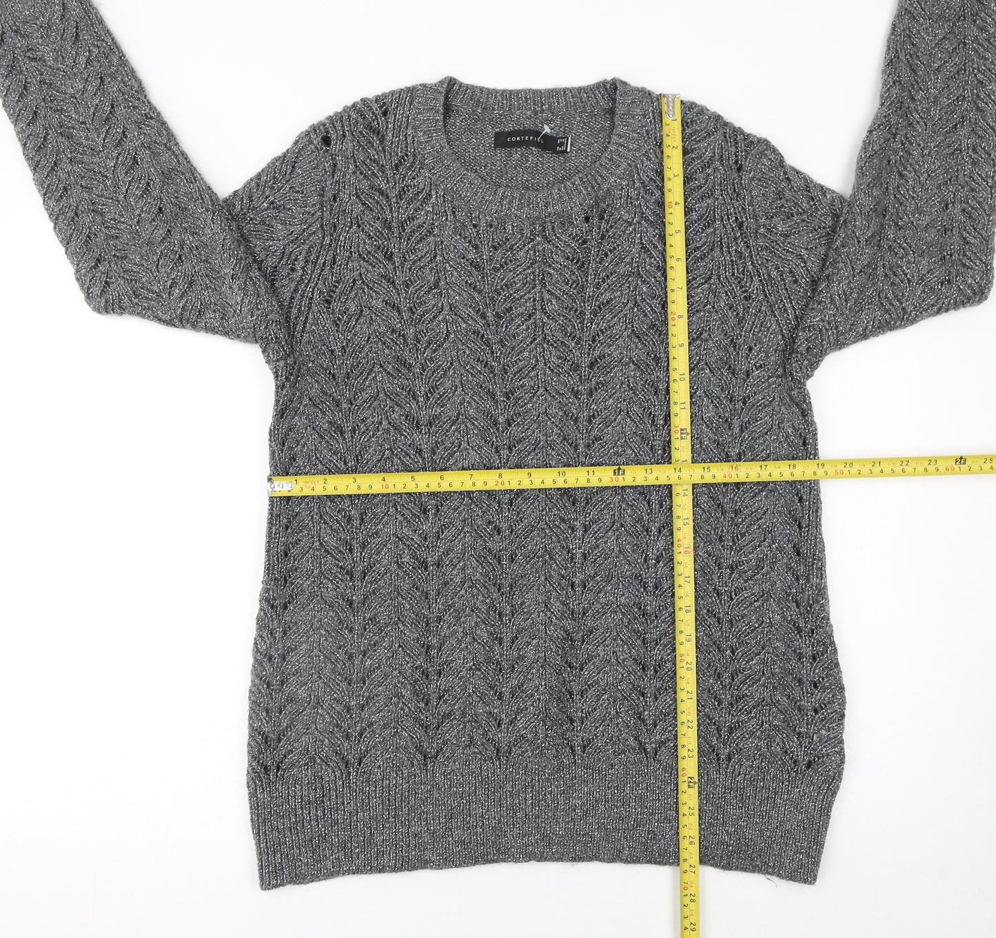 Cortefiel Women’s Grey Cable-Knit Crew Neck Pullover Jumper Size 16
