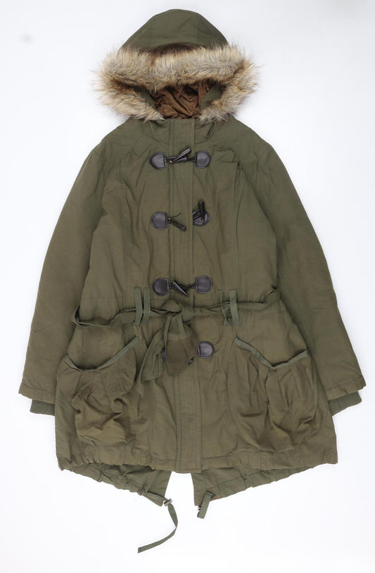 New Look Women’s Green Fur Trim Hooded Parka Coat Size 16