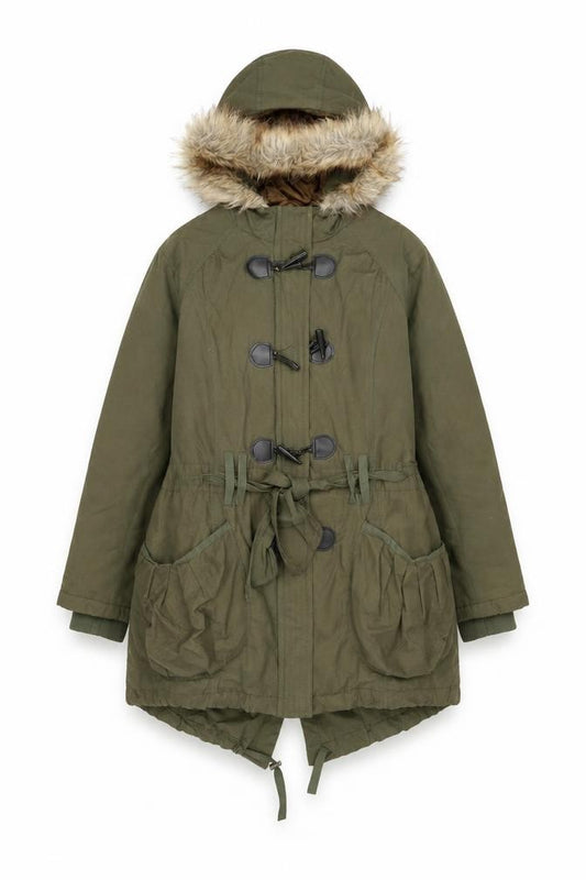 Front view of New Look Women’s Green Fur Trim Hooded Parka Coat, size UK 16