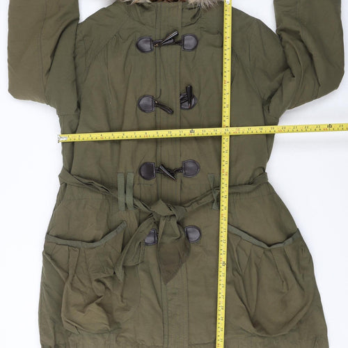 New Look Women’s Green Fur Trim Hooded Parka Coat Size 16