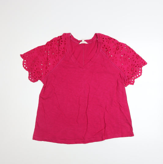 Marks and Spencer Women's Pink Cotton V-Neck Flutter Sleeve T-Shirt Size 12
