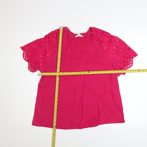 Marks and Spencer Women's Pink Cotton V-Neck Flutter Sleeve T-Shirt Size 12