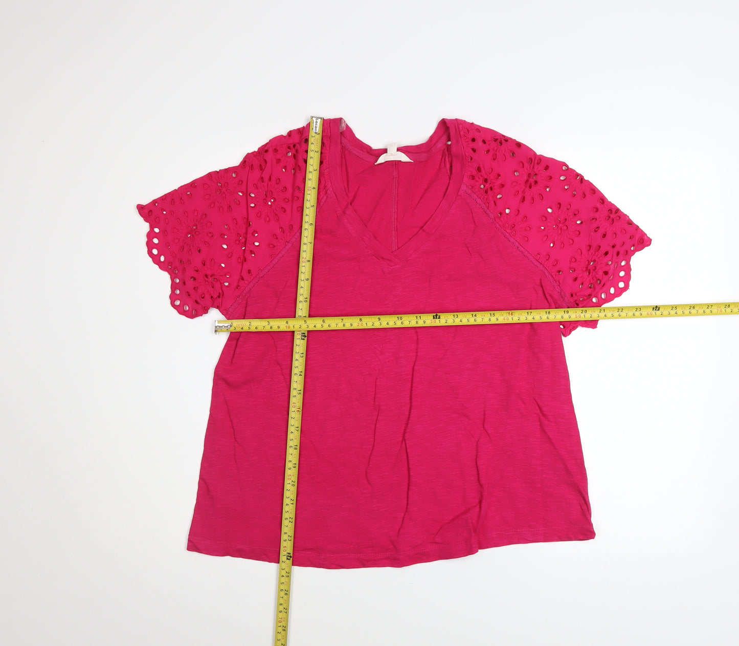 Marks and Spencer Women's Pink Cotton V-Neck Flutter Sleeve T-Shirt Size 12