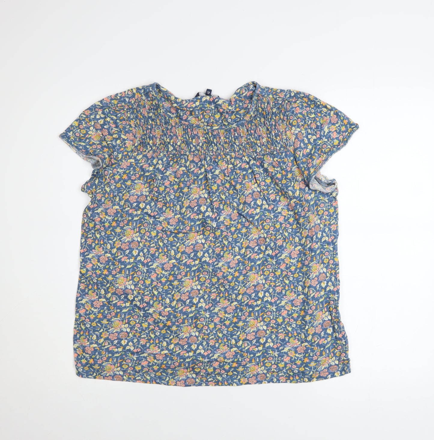 Next Women Blue Floral Cotton Short Sleeve Blouse Size 12