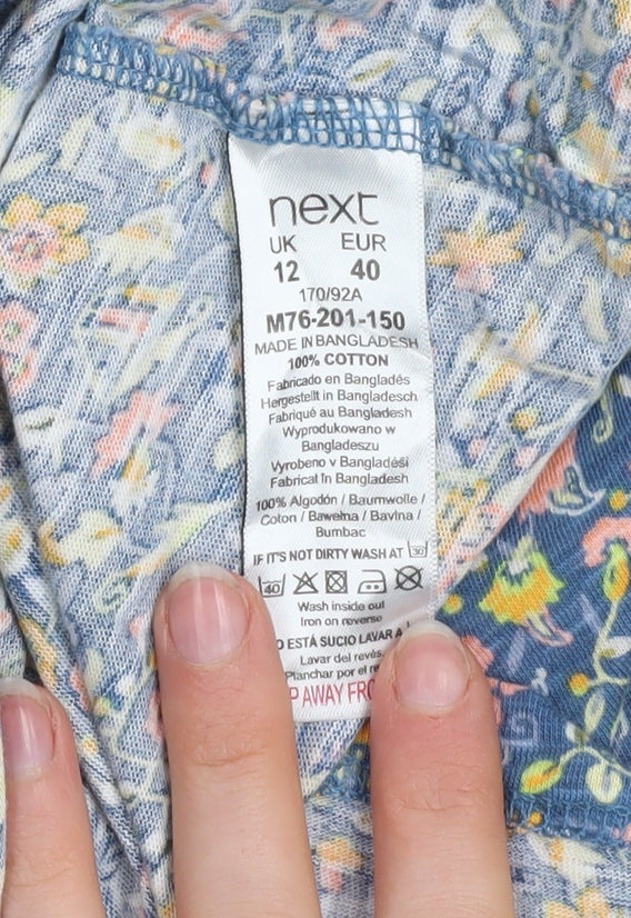 Next Women Blue Floral Cotton Short Sleeve Blouse Size 12