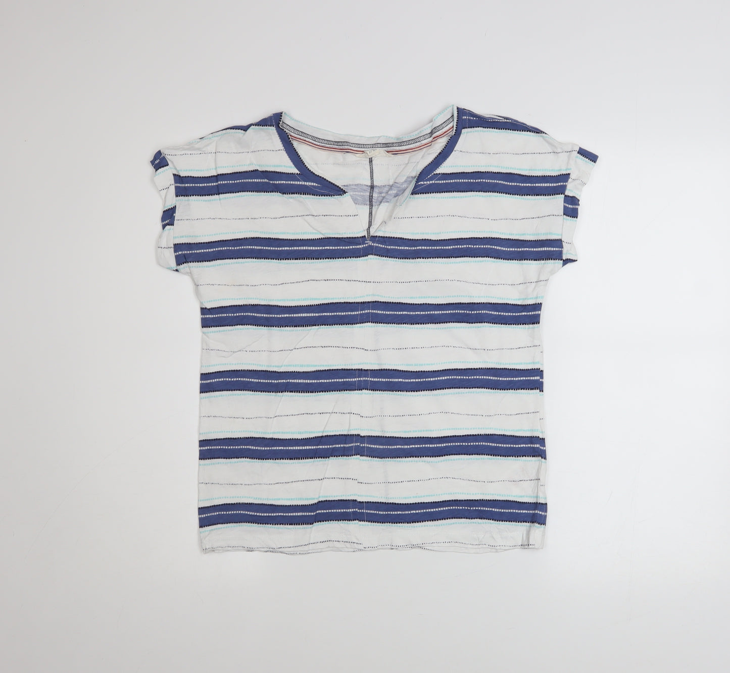 White Stuff Womens Blue Striped Cotton V-Neck Short Sleeve T-Shirt Size 10