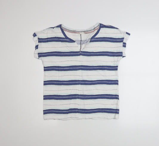 White Stuff Womens Blue Striped Cotton V-Neck Short Sleeve T-Shirt Size 10