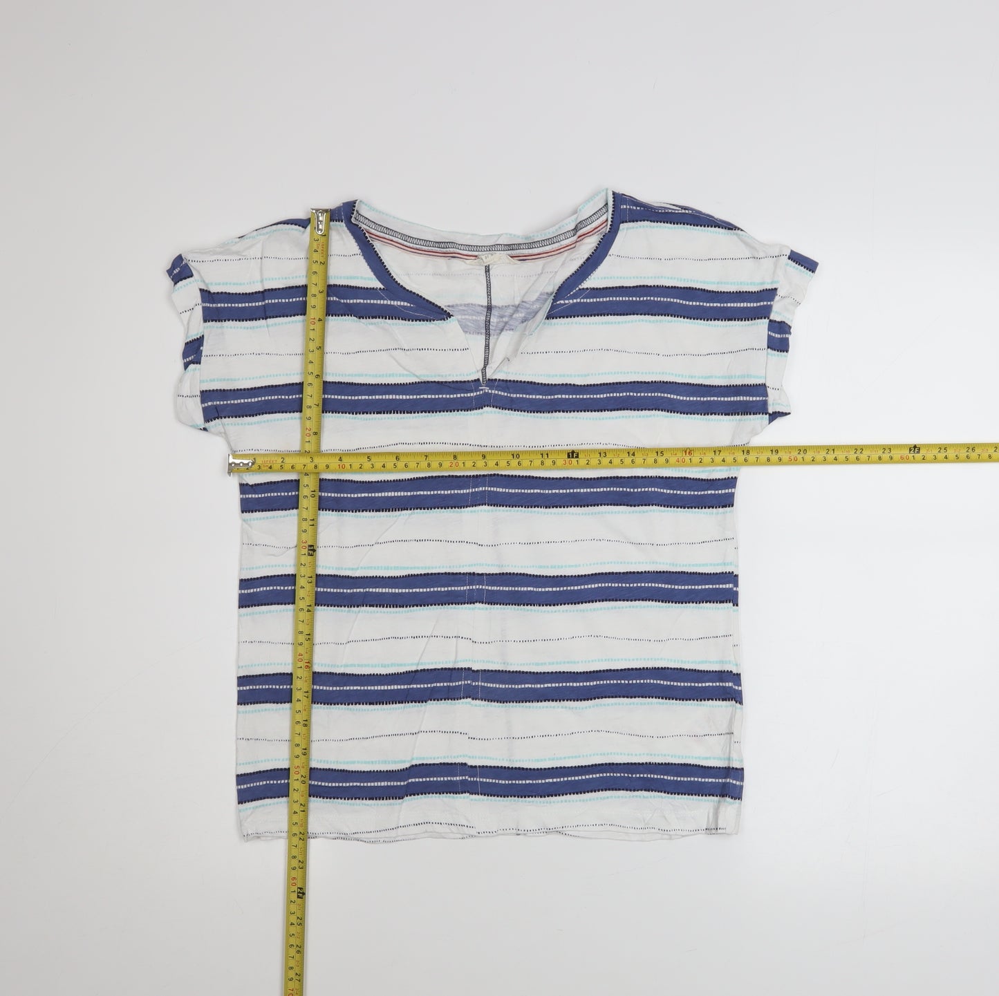 White Stuff Womens Blue Striped Cotton V-Neck Short Sleeve T-Shirt Size 10