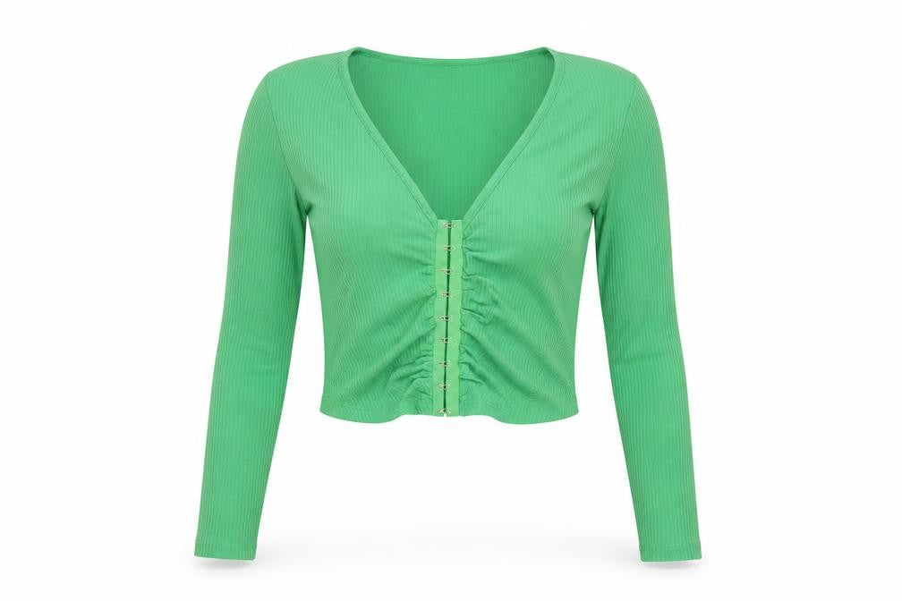 Front view of Stradivarius women’s green long sleeve cropped button-up top, size M