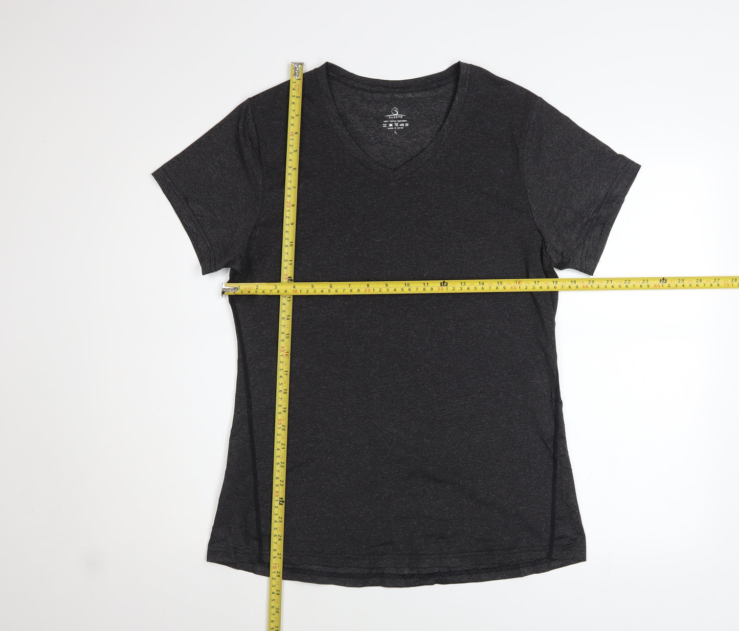 Cuzone Women Black V-Neck Short Sleeve Active T-Shirt L