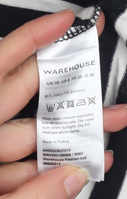 Warehouse Women’s Black White Striped Off Shoulder Top UK 10 Cotton Blend