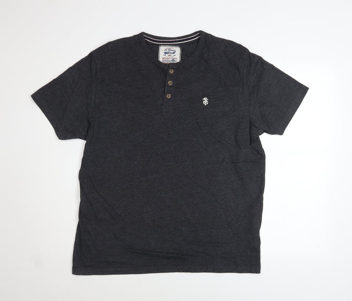 St George by Duffer Men's Grey Henley Short Sleeve Cotton Blend Shirt Size L