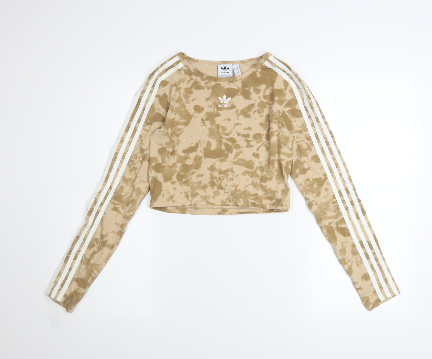 Adidas Womens Beige Cropped Long Sleeve T-Shirt Size S Tie-Dye Cotton Blend