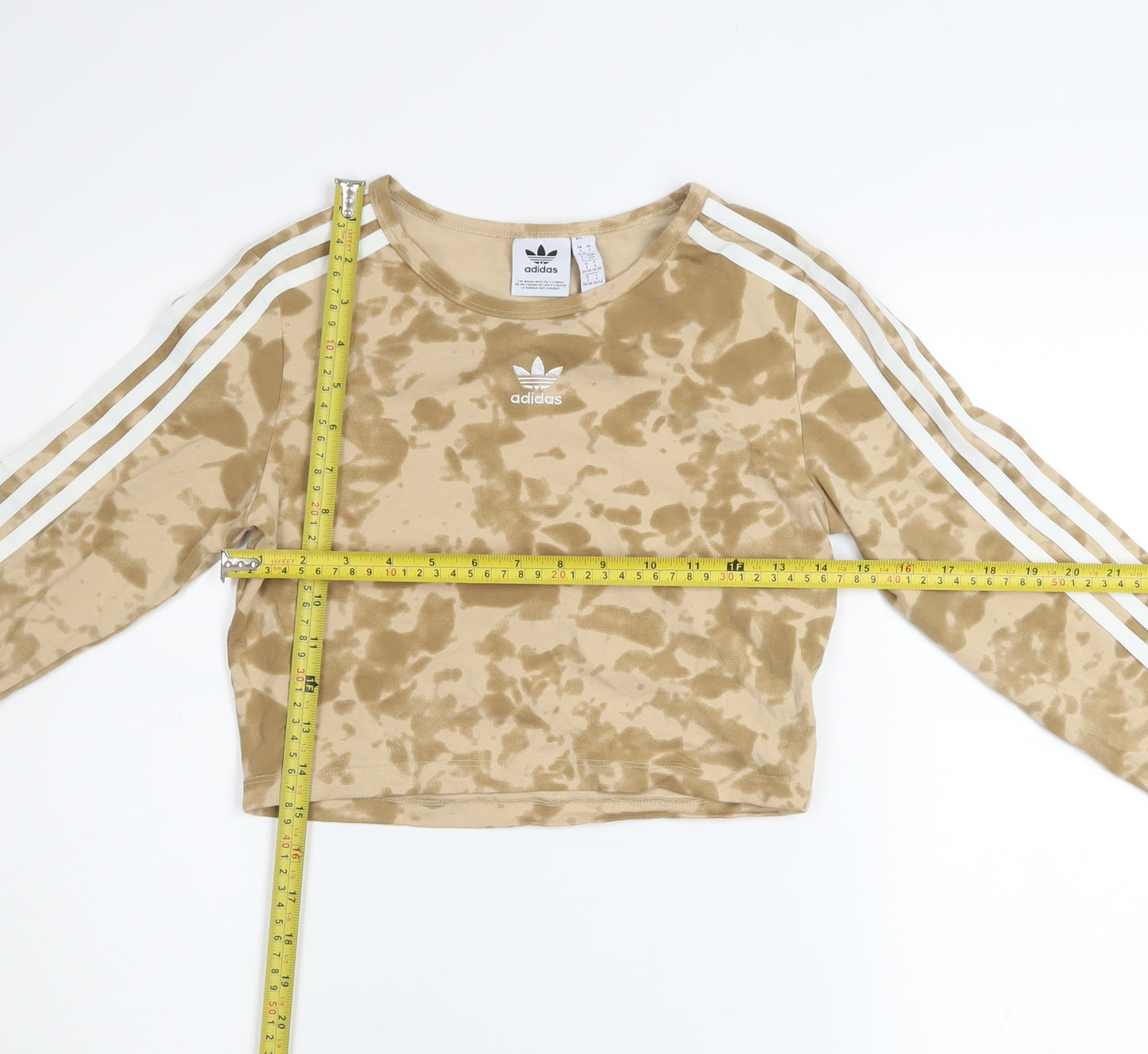 Adidas Womens Beige Cropped Long Sleeve T-Shirt Size S Tie-Dye Cotton Blend