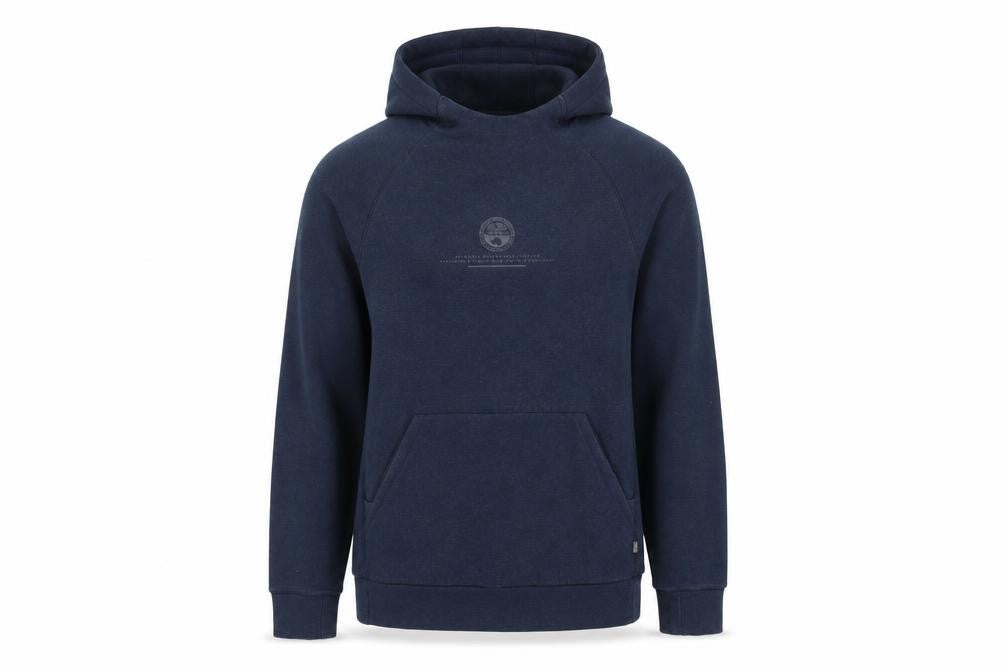 Front view of Napapijri Men's Blue Pullover Hoodie, size S, Regular Fit Logo Fleece