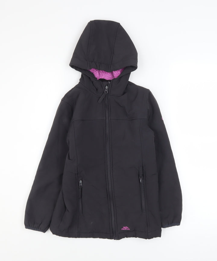 Trespass Girls Black Soft Shell Hooded Jacket 7-8 Years Waterproof Lined
