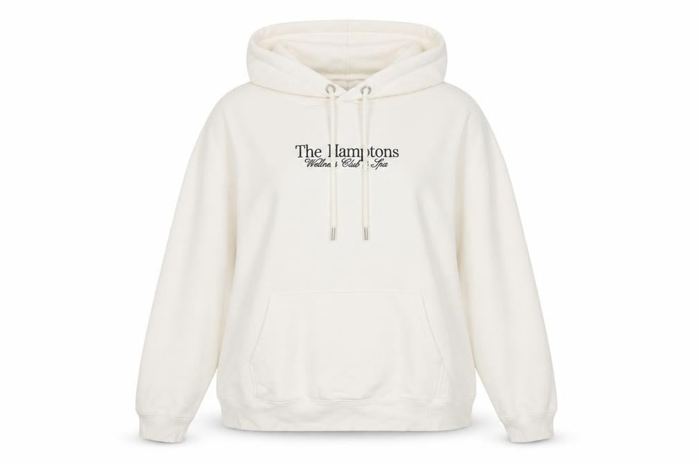Front view of H&M Women Ivory Pullover Hoodie The Hamptons Graphic, size 12