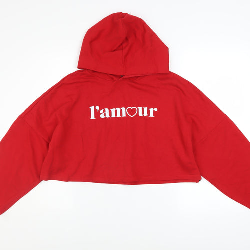 H&M Divided Womens Red Cropped Pullover Hoodie Size M L'amour Print