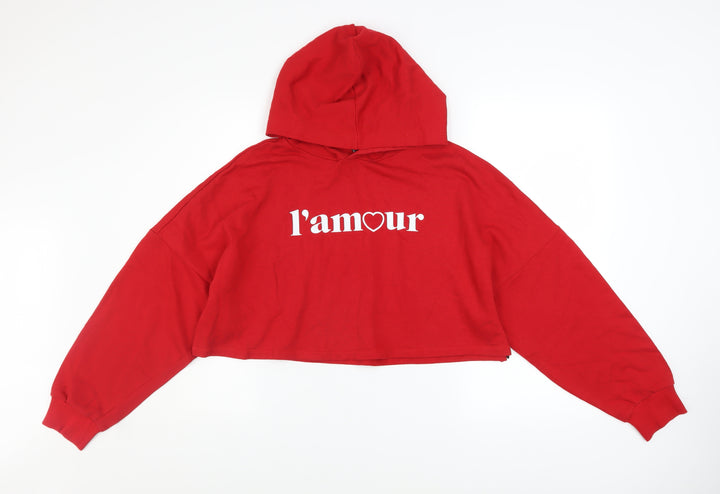 H&M Divided Womens Red Cropped Pullover Hoodie Size M L'amour Print
