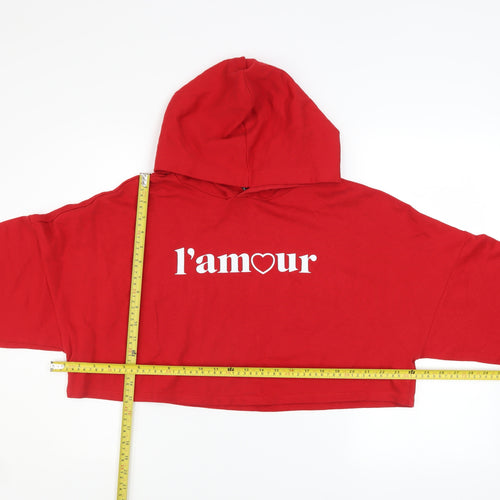 H&M Divided Womens Red Cropped Pullover Hoodie Size M L'amour Print