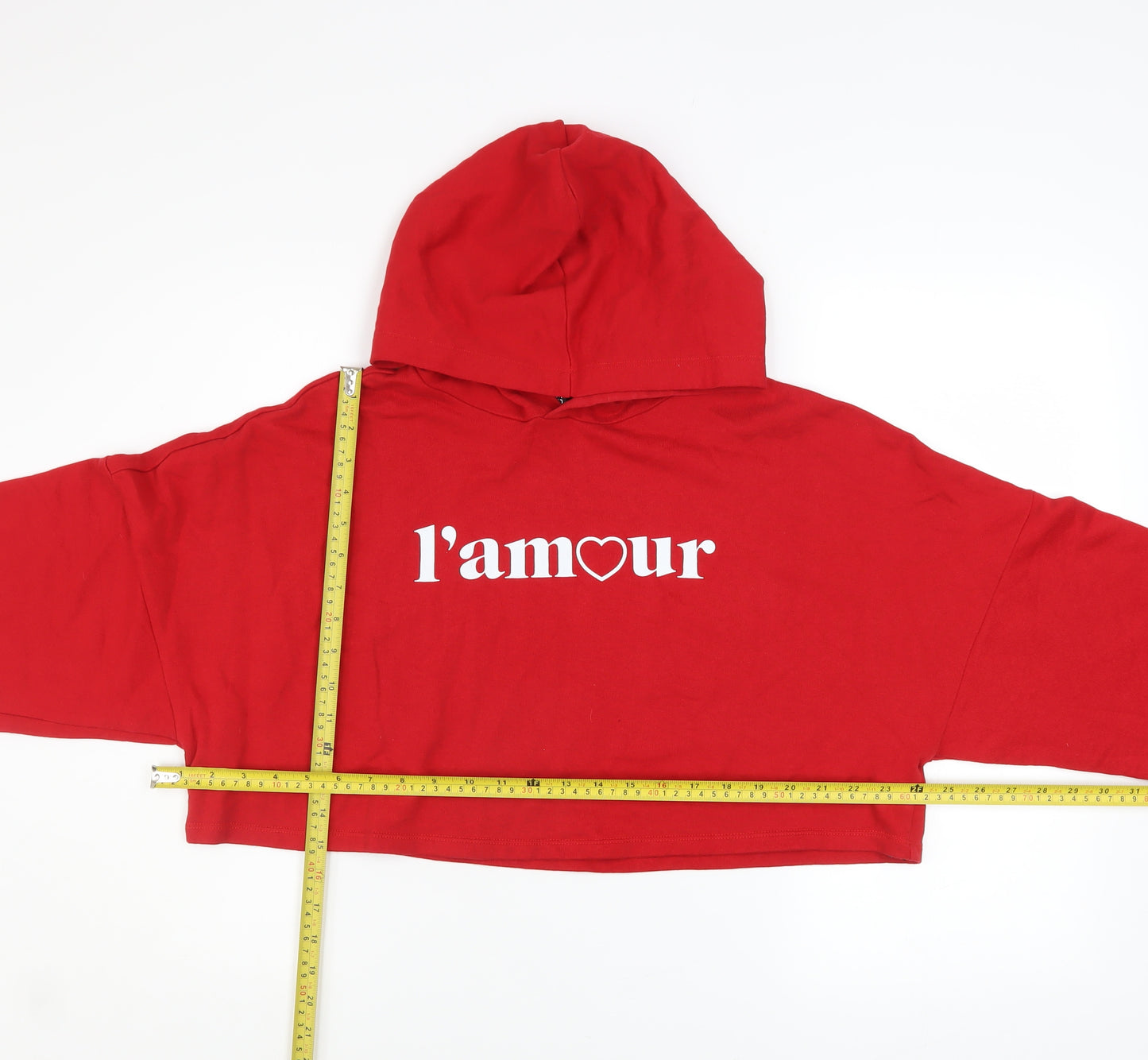 H&M Divided Womens Red Cropped Pullover Hoodie Size M L'amour Print
