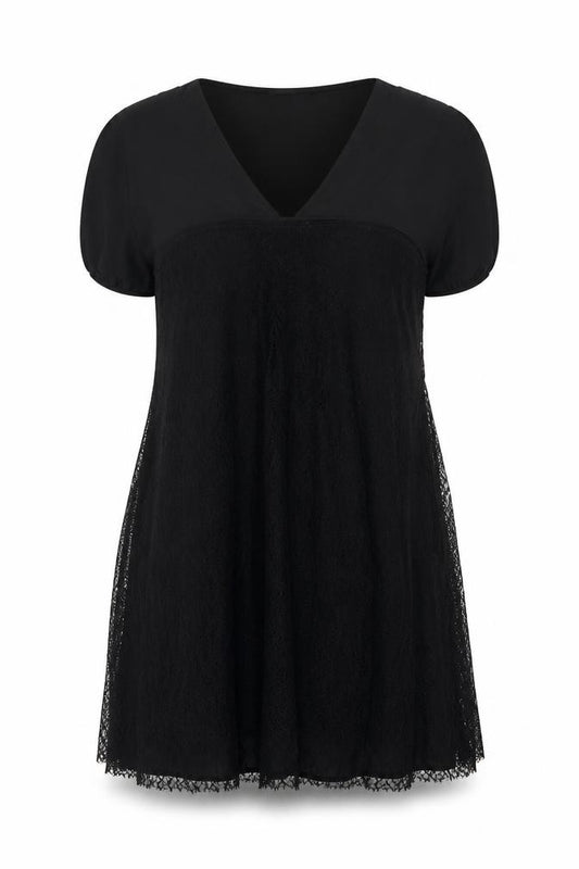 Front view of Didier Parakian Women’s Black Short Lace Shift Dress, size UK 14