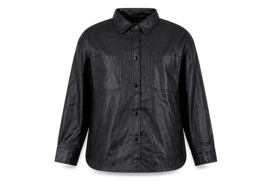 Front view of Primark Women’s Black Faux Leather Button-Up Jacket, size UK 12