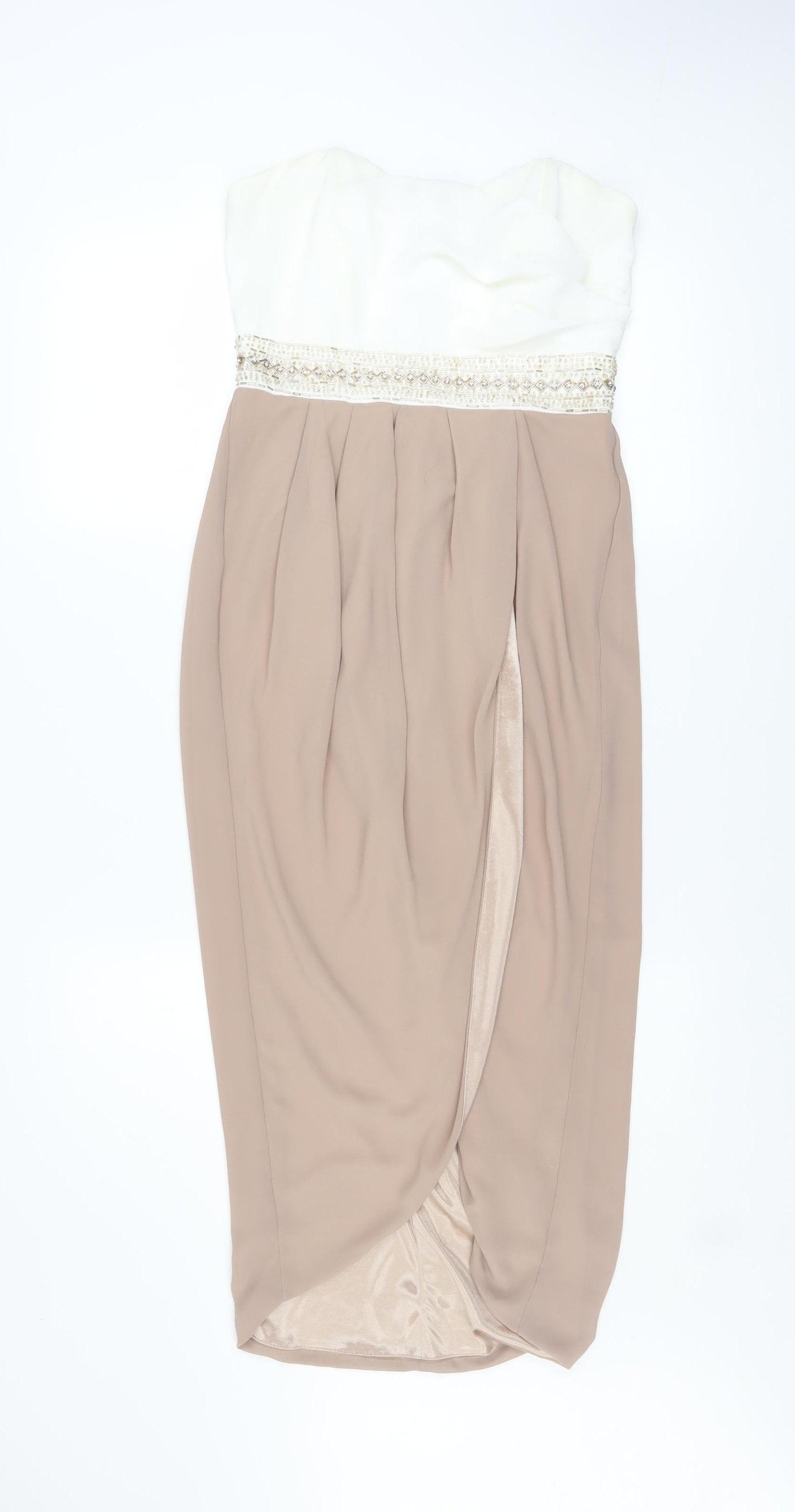 TFNC London Women Beige Strapless Beaded Bodycon Dress Size M