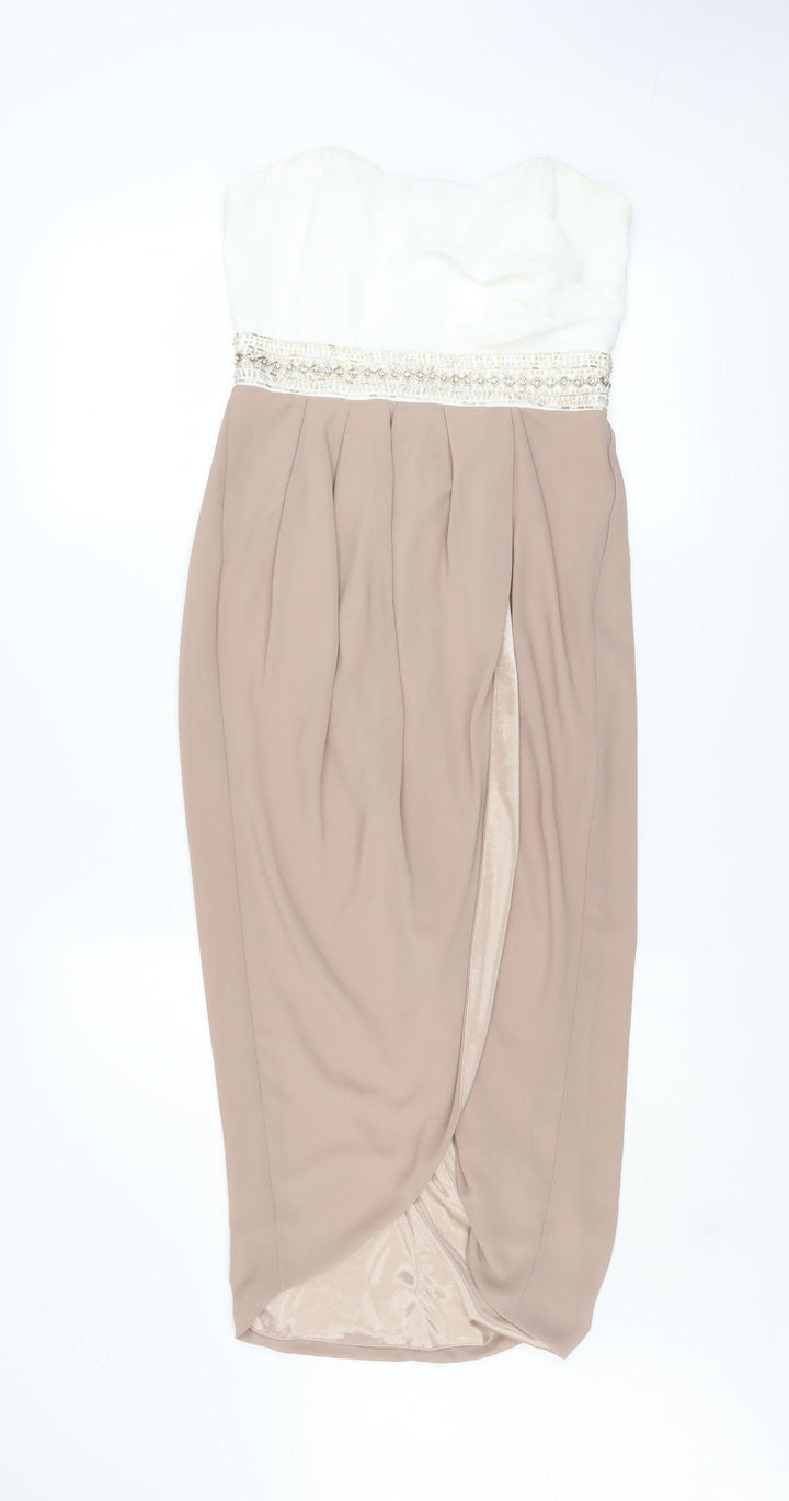TFNC London Women Beige Strapless Beaded Bodycon Dress Size M