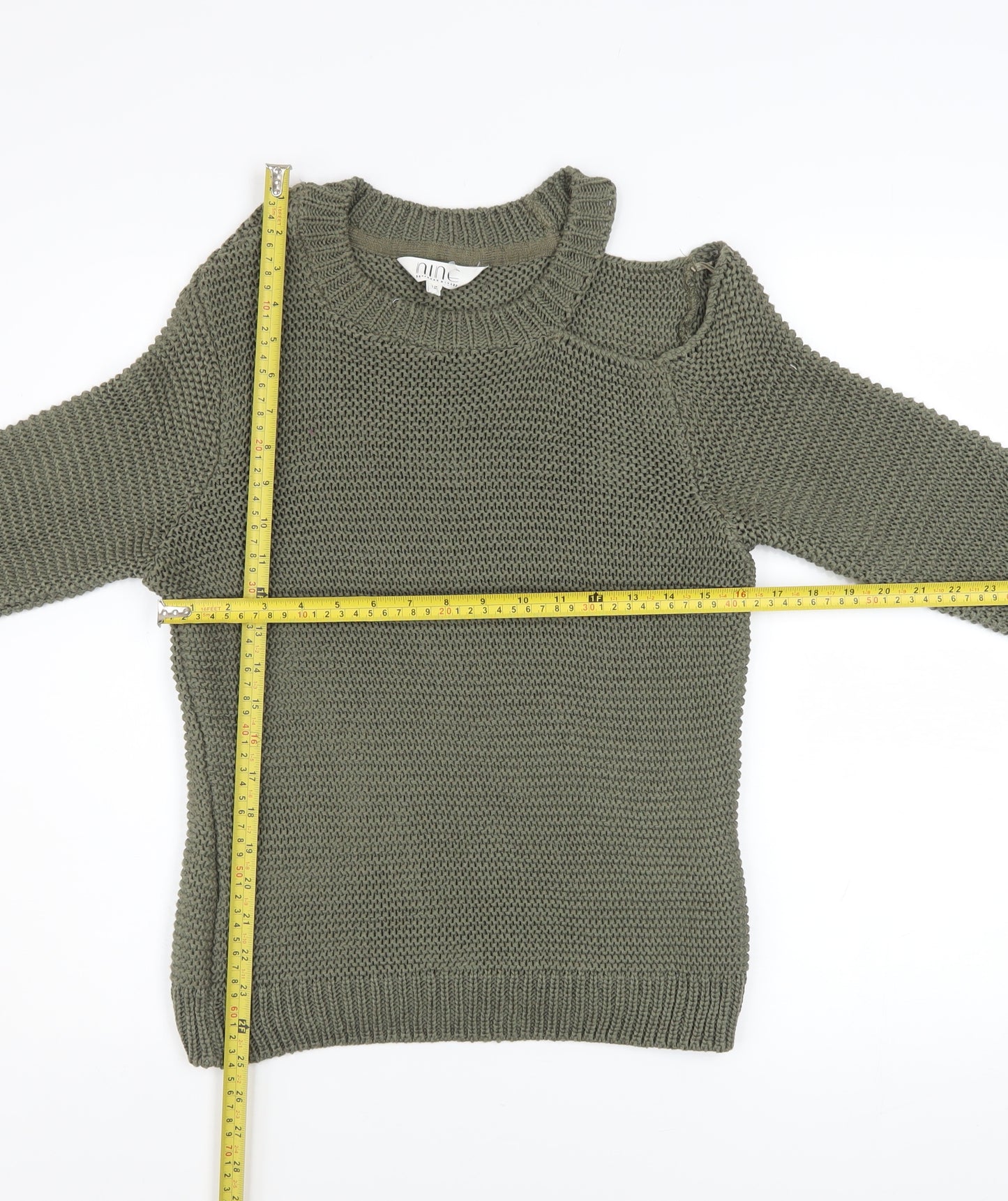 Nine by Savannah Miller Women’s Green Cold Shoulder Knit Jumper Size 12