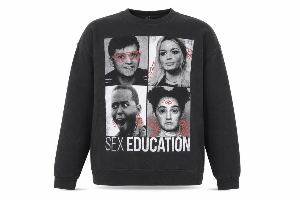 Front view of Netflix Men’s Black Sex Education Medium Pullover Sweatshirt