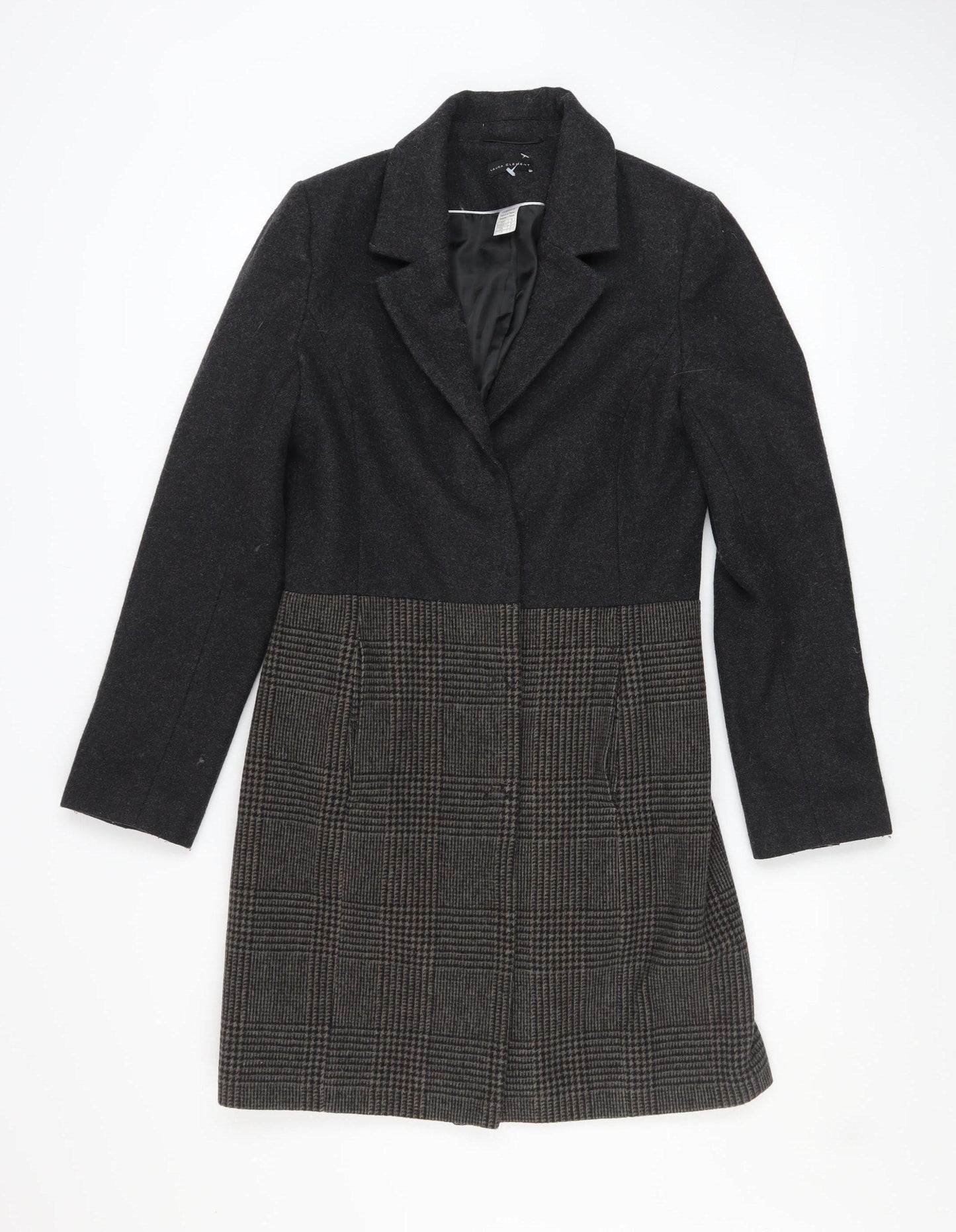 Laura Clement Women's Grey Checked Wool Blend Long Coat Size 8