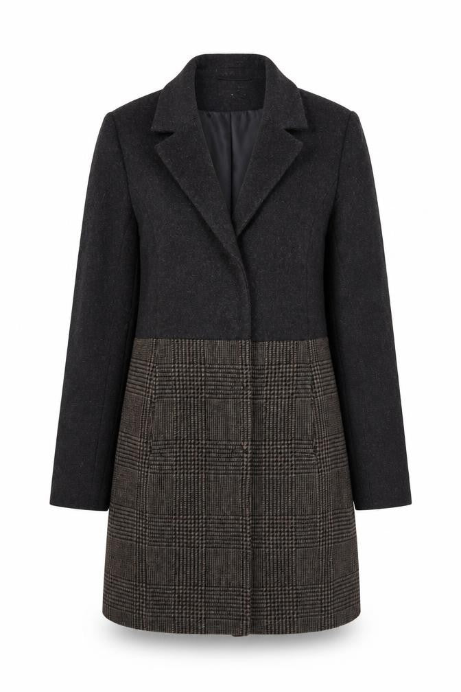 Front view of Laura Clement Women's Grey Checked Wool Blend Long Coat, size 8