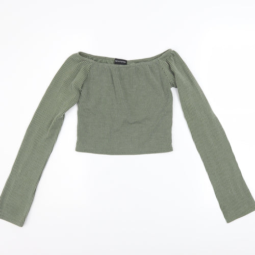 PrettyLittleThing Women’s Green Off Shoulder Ribbed Cropped Top UK 8