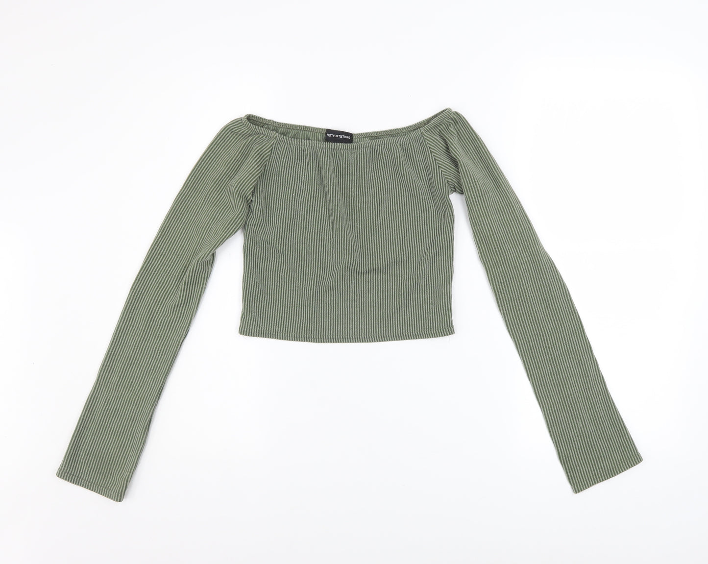 PrettyLittleThing Women’s Green Off Shoulder Ribbed Cropped Top UK 8