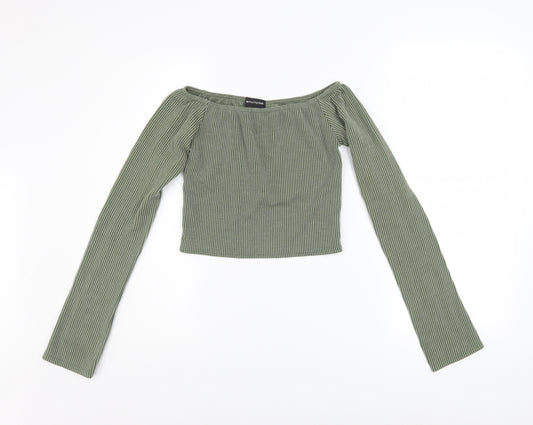 PrettyLittleThing Women’s Green Off Shoulder Ribbed Cropped Top UK 8
