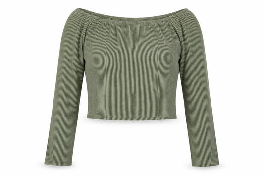 Front view of PRETTYLITTLETHING Women’s Green Off Shoulder Ribbed Cropped Top UK 8